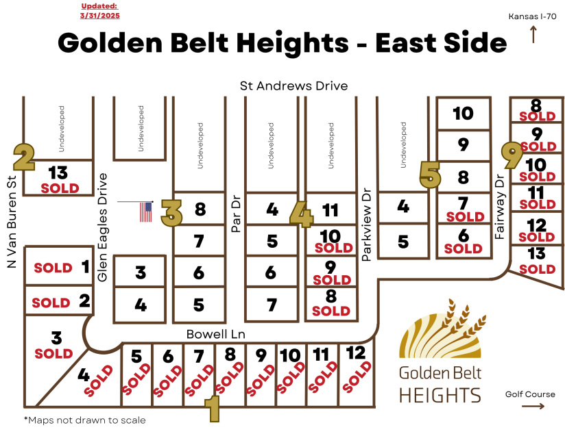 Map of Golden Belt Heights – East Side in Abilene, KS, updated March 31, 2025. Shows lot numbers, street names, and sold lots marked in red. Includes undeveloped areas and golf course direction.